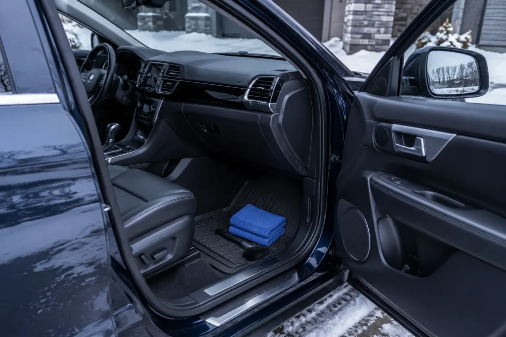 Clean black SUV cabin with refreshed seats, dashboard and floor area after interior detailing
