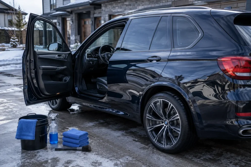 Black SUV with its doors open at a residential property before a mobile detailing appointment