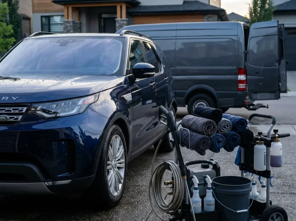 Dark Blue SUV receiving professional mobile detailing at a residential property in Calgary