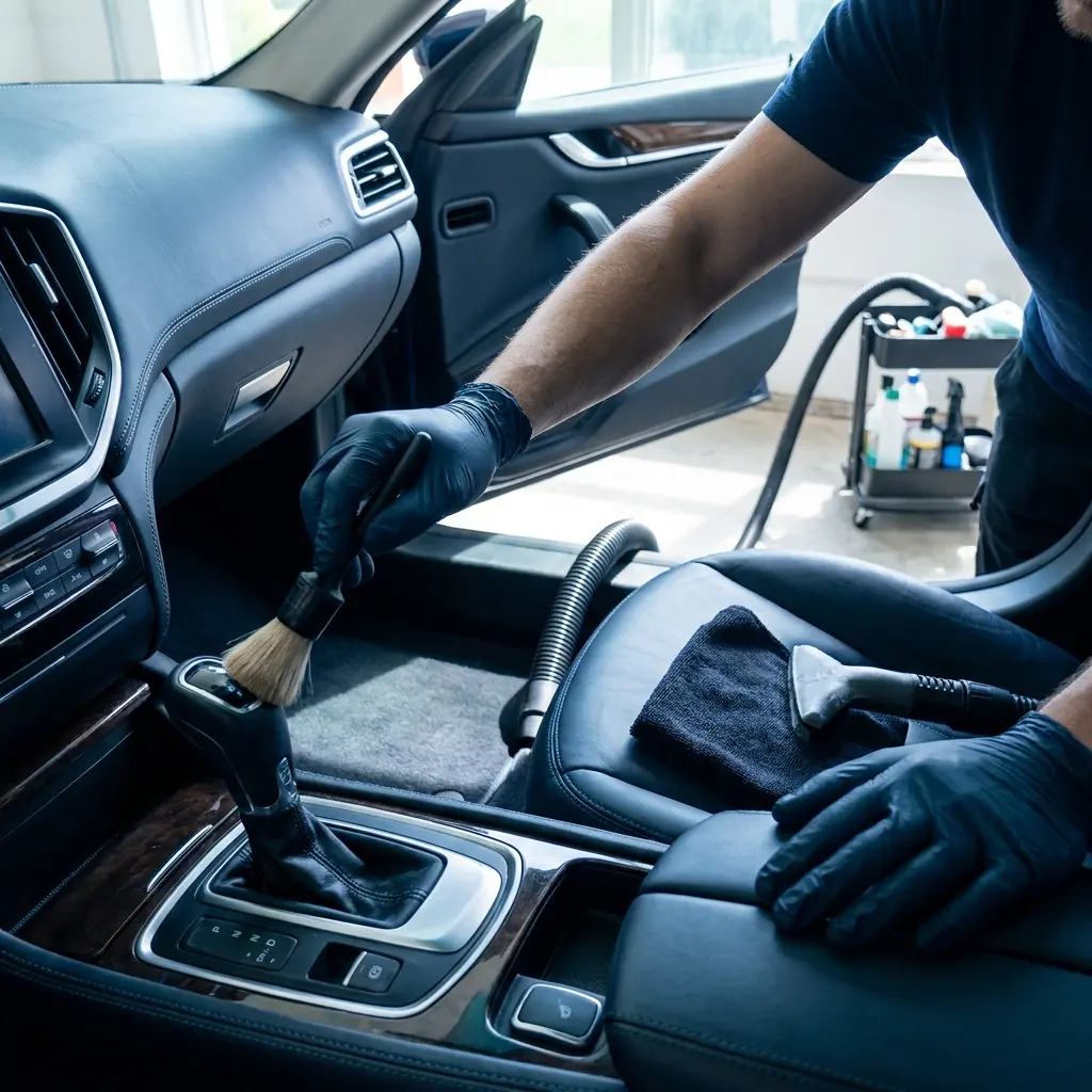 Detailer working carefully on a vehicle interior
