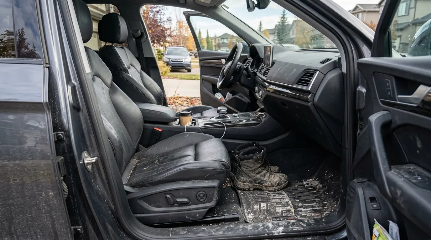 Dirty SUV interior before professional interior detailing
